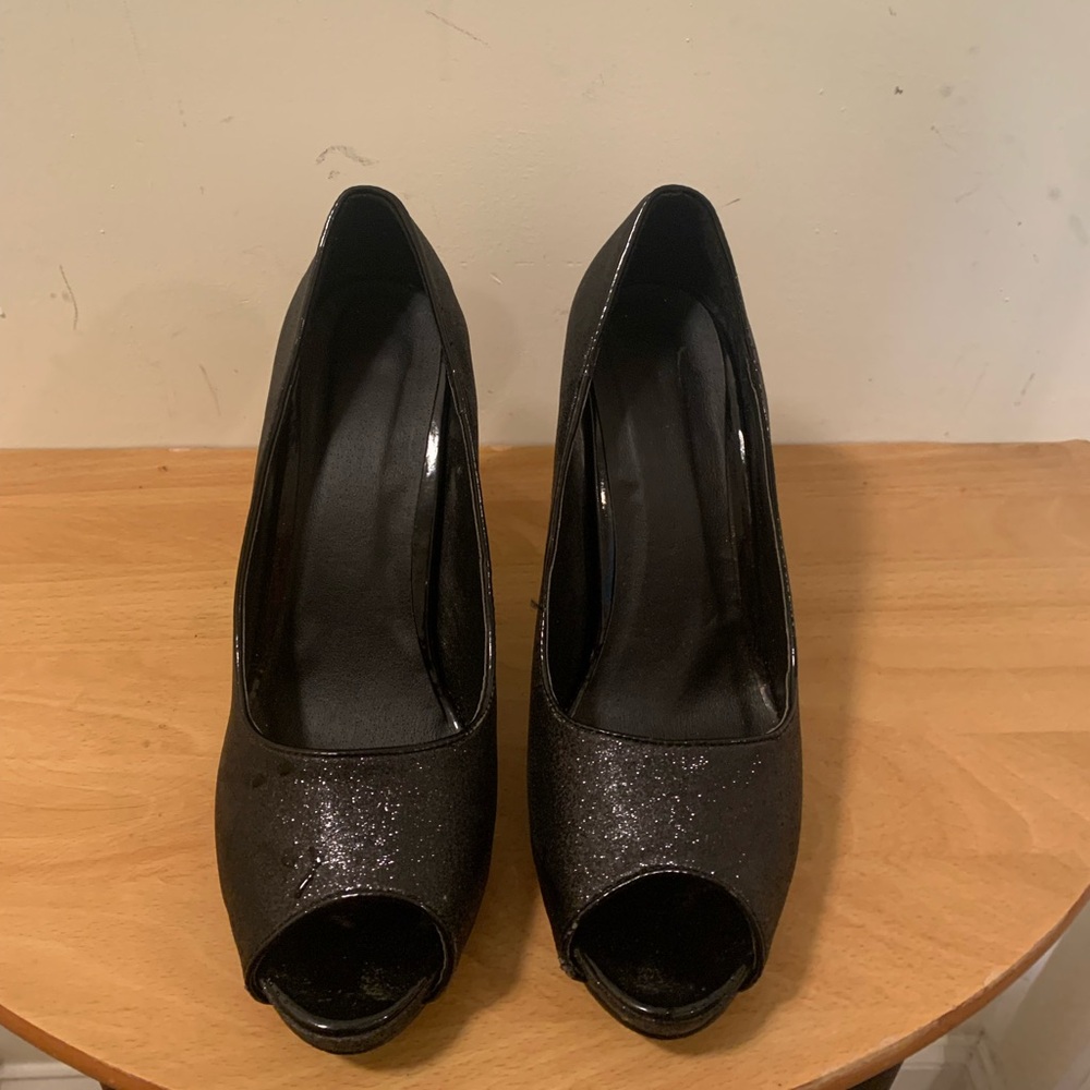 Halloween Black Glitter Open Toe Stilettos Women's Size Large 9/10 Sexy Costume